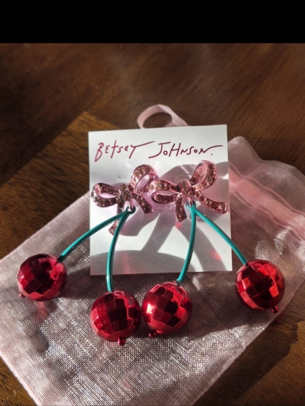 Betsey Johnson  Faux Stone Sweetheart Cherry Drop Earrings.